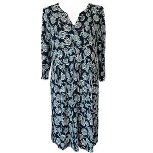 J. Jill Classic Navy and Green Floral Long-Sleeved Split Neck Knit Dress